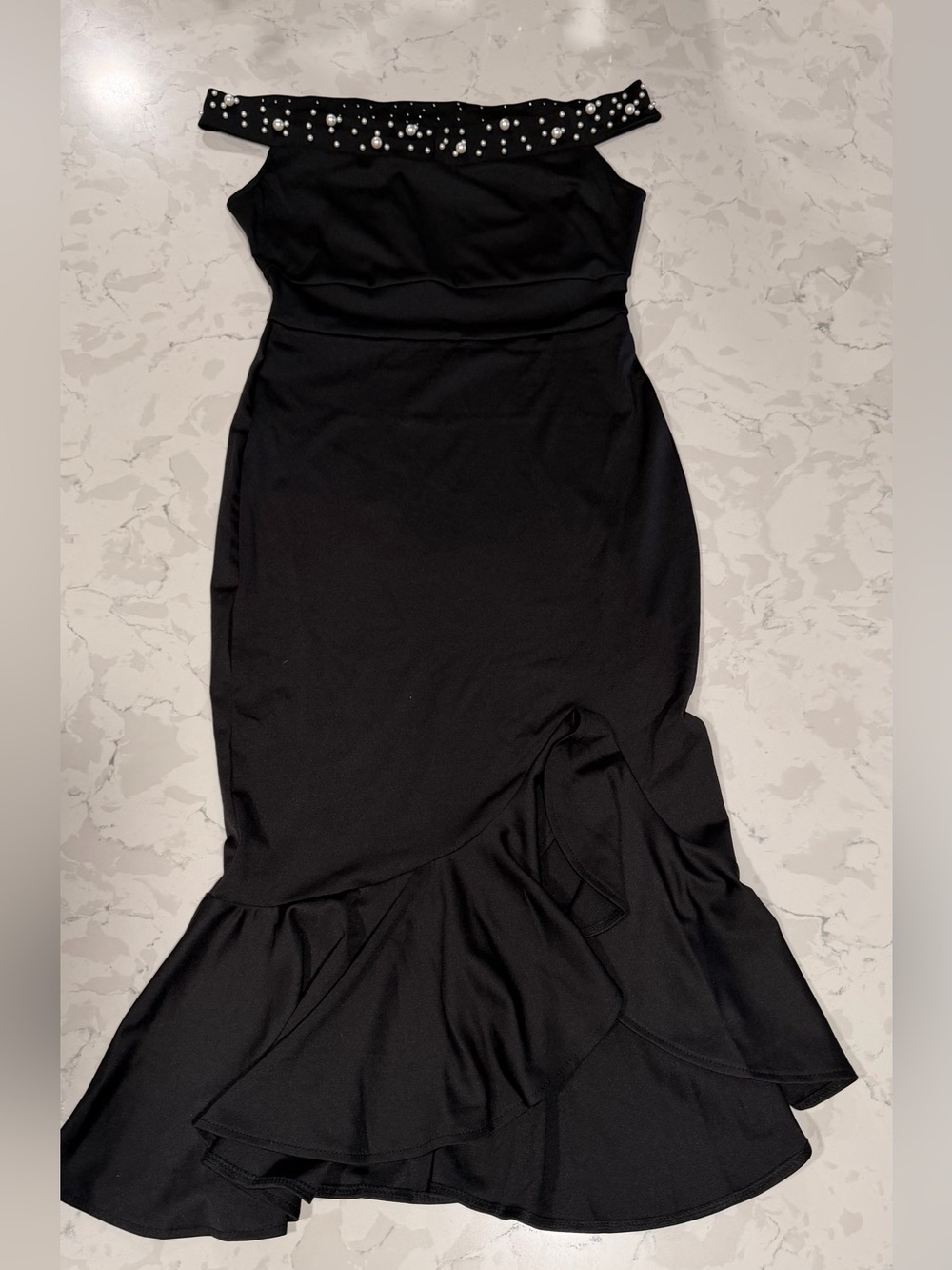 Black Off the Shoulder Pearl-Embellished Mermaid Dress